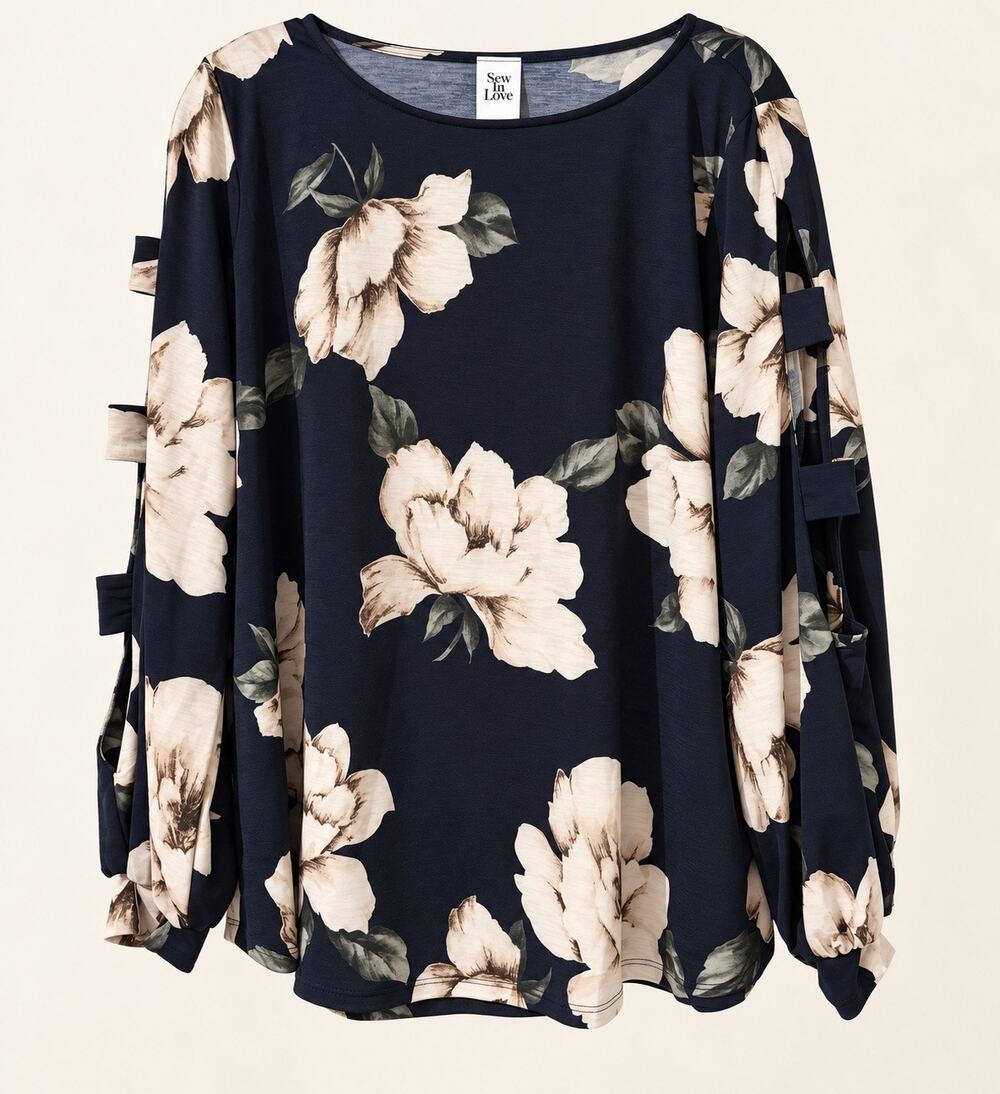 Sew In Love Floral Blouse Womens L Navy Cream Ladder Cutout Sleeve NWOT